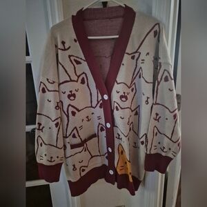 Universal Thread Cream Cat-Print Cardigan with Burgundy Trim